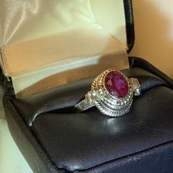 Faceted Ruby Sterling Silver Poison Locket Ring Size 7 