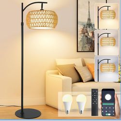 Boho Rattan Floor Lamp with Shade – 12W Bright Dimmable LED Bulb, Remote Control 3 Color Temperatures, Modern Farmhouse Handwoven Arc Standing Light f