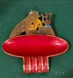 Vintage mid-Century Brass and Red Enamel /Egyptian-themed ashtray or trinket dish marked,made in Israel.