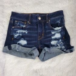AMERICAN EAGLE 360 SUPER STRETCH HI RISE SHORTIE RIPPED DENIM SHORTS!