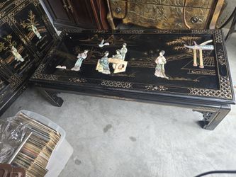 Black Lacquer Mother-of-Pearl Sideboard + Coffee Table Set — Chinoiserie Showpiece