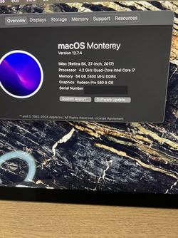 iMac SSD 4.2GHz 64GB 2TB 2017 Apple 27" 5K i7 4.2GHz 64GB 2TB SSD Fusion CTO Near MT 8GB GPU