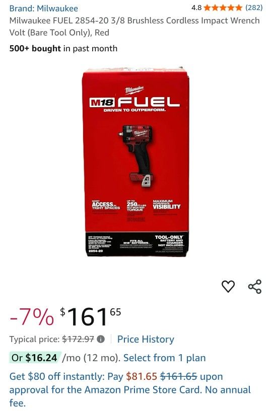 Milwaukee FUEL 2854-20 3/8 Brushless Cordless Impact Wrench Volt (Bare Tool Only), Red