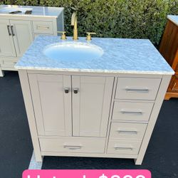 36”white single sink bathroom vanity with carrara white marble stone top