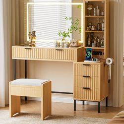 48" Fluted Makeup Vanity Desk with 36" Mirror and Light,Glass Top Wooden Vanity Table with Charging Station,5 Drawers, 3 Adjustable Shelves &