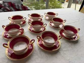 Set of 9 Wedgwood Ulander Powder Ruby Footed Cream Soup Bowl & Saucer Set (Pattern W1813)