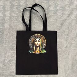 Black Canvas Tote Bag Virgin Mary Print
