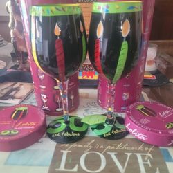Loilta Hand Painted "50 & Fabulous" Birthday 🎂 Wine Goblet Set With Drink Recipe And Gift Boxes