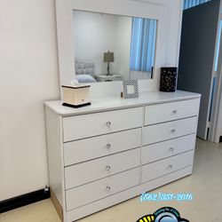 Vanity White 8 Drawer Dresser & Mirror Bundle Set