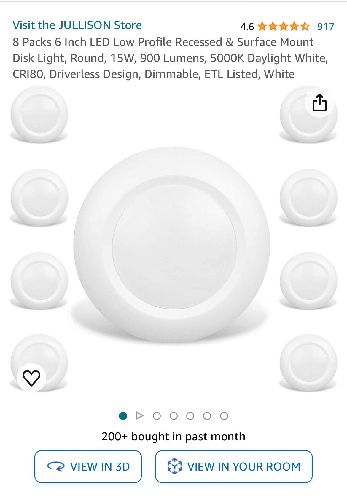JULLISON 6 Inch LED Low Profile Recessed & Surface Mount Disk Light, Round, 15W, 900 Lumens, CRI80, Driverless Design, Dimmable, Energy Star, ETL List