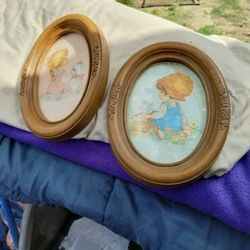 Vintiage Set Of Little Boy And Girl In Oval Picture Frames