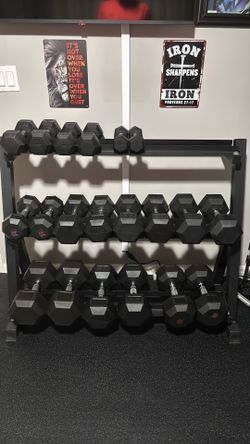 Rubberized Hex Dumbbell Set 5-50 lbs with Rack