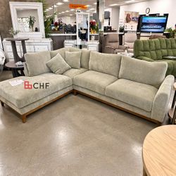 mid century modern olive green sectional sofa 114"W X 86.5"D  X 34.3" H