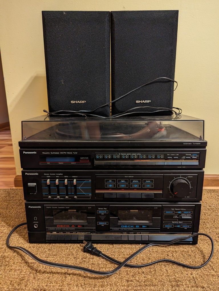 Panasonic Music Stereo System SG-D16 Dual Cassette AM FM and Turntable With 2 Sharp Speakers TestedWorks