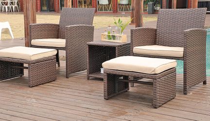 5pc Patio Furniture Set Brown Wicker with Beige Cushions