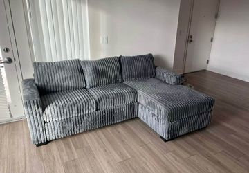 Brand New Grey Fur Like Corduroy Sectional Sofa Couch (New In Box)