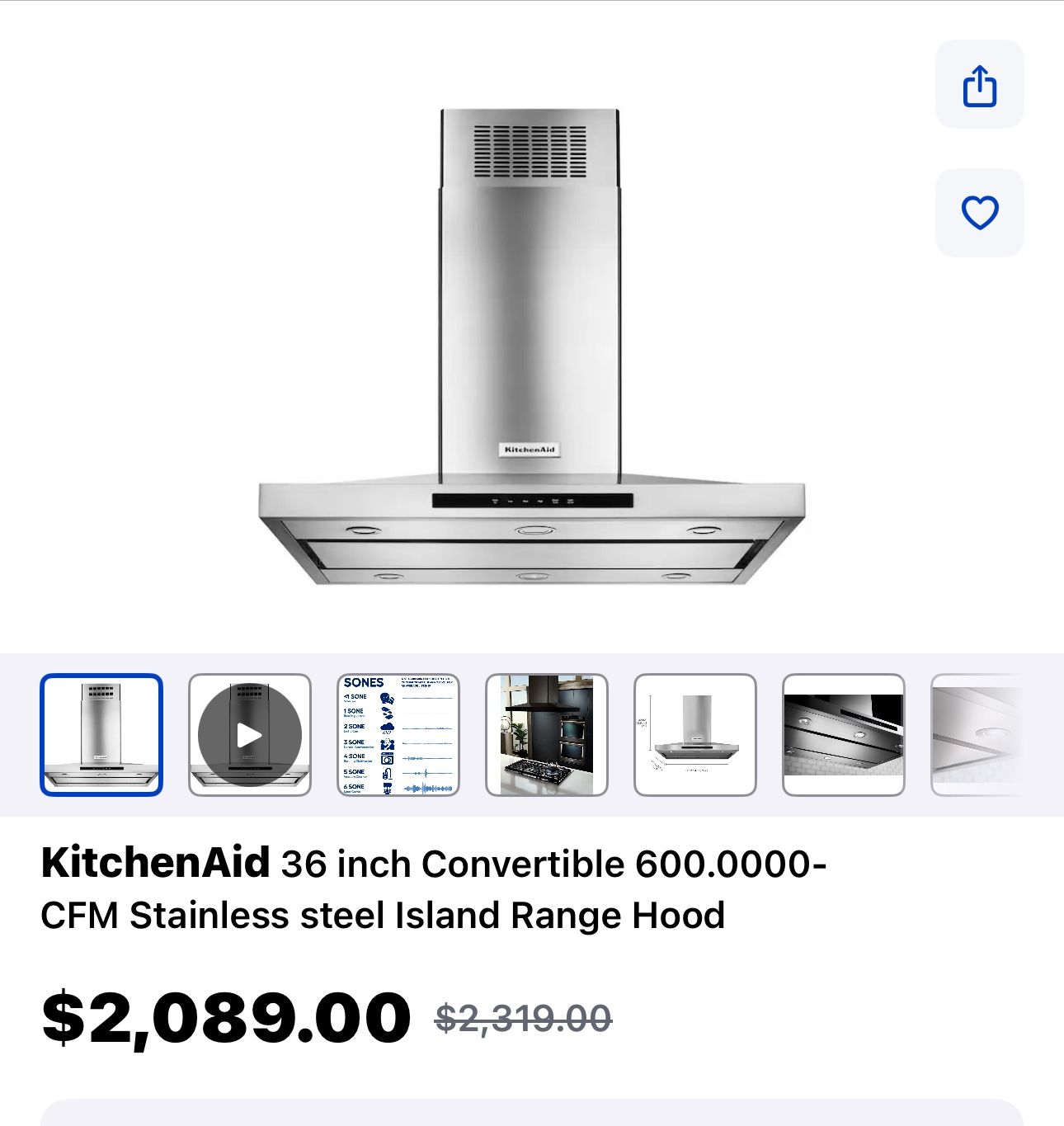 Island Kitchen Aid 36” Wide Stainless Steel Hood
