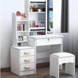 White Vanity Desk Set w/ LED Mirror, Drawers & Stool