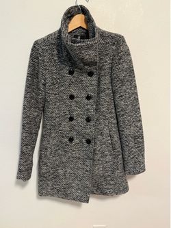 IZ BYER Double Breasted Pea Coat Jacket Grey Black Tweed Funnel Neck Small Great