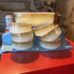 Vintage fire king iridescent casserole dish with six bowls