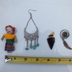4 Charms or Pendants, Seed Bead Doll, Arrow Head, Moon with Dangles and Feather
