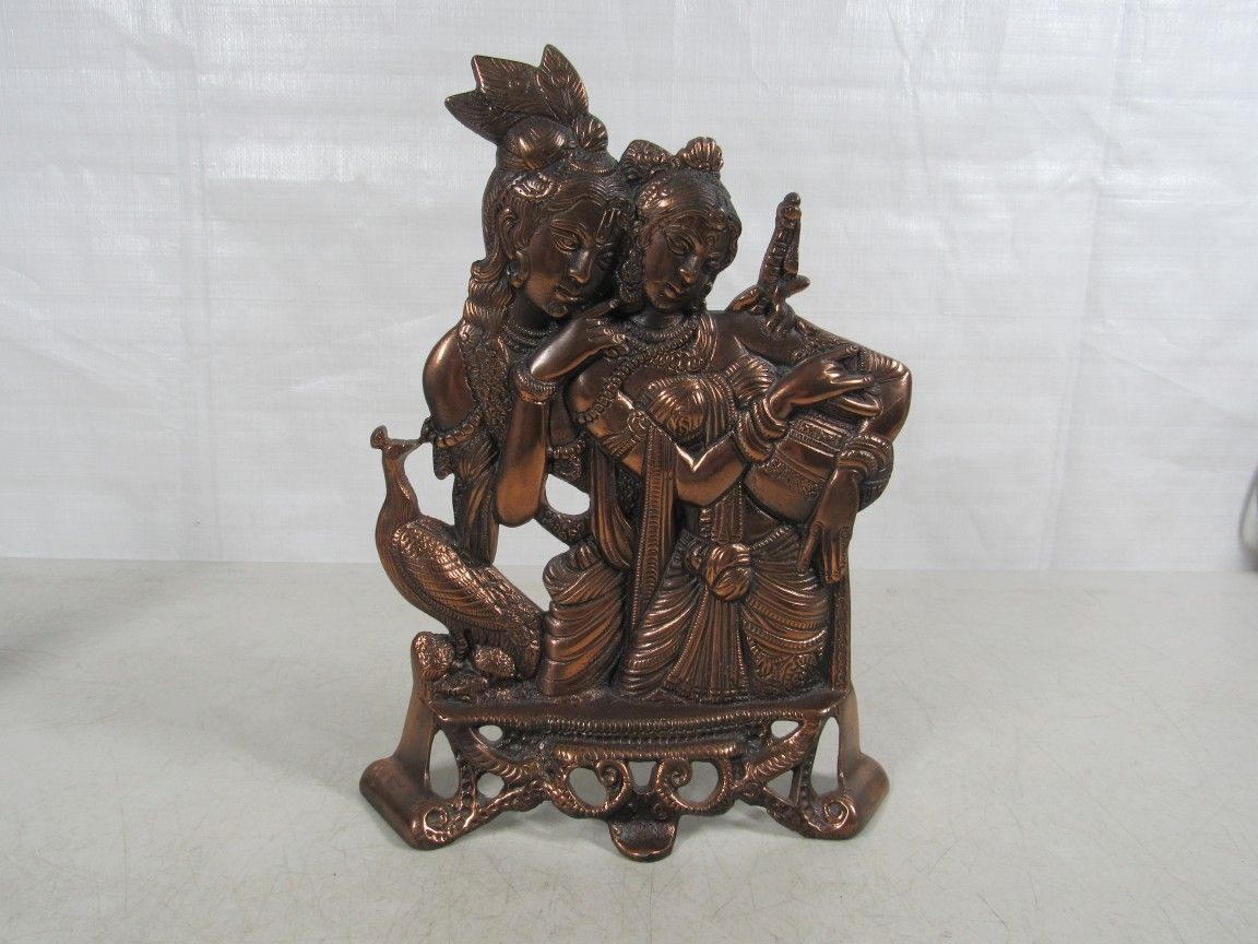 Radha Krishna Copper Tone Plated 3D Metal Standing Plaque Hindu Decor