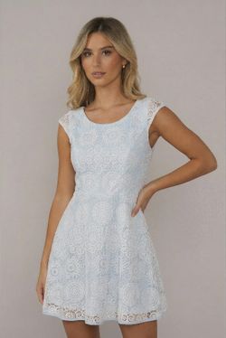 Emerald Sundae Juniors Fit-and-Flare Dress - Light Blue Lining White Lace Overlay - Size 3 - New w/o Tag 

