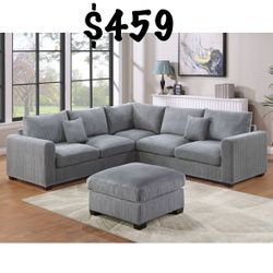 Grey Corduroy Sectional With Ottoman Brand New In Box Firm Price $459