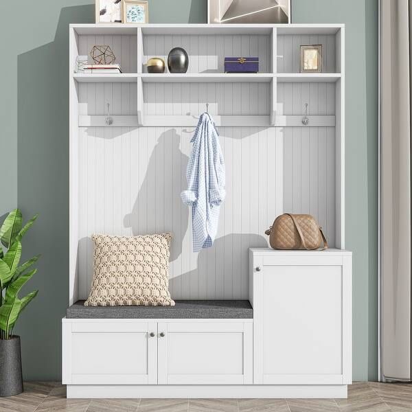 NEW White Modern White Freestanding Hall Tree with Cushioned Storage Bench, 3-Hooks and Shelves