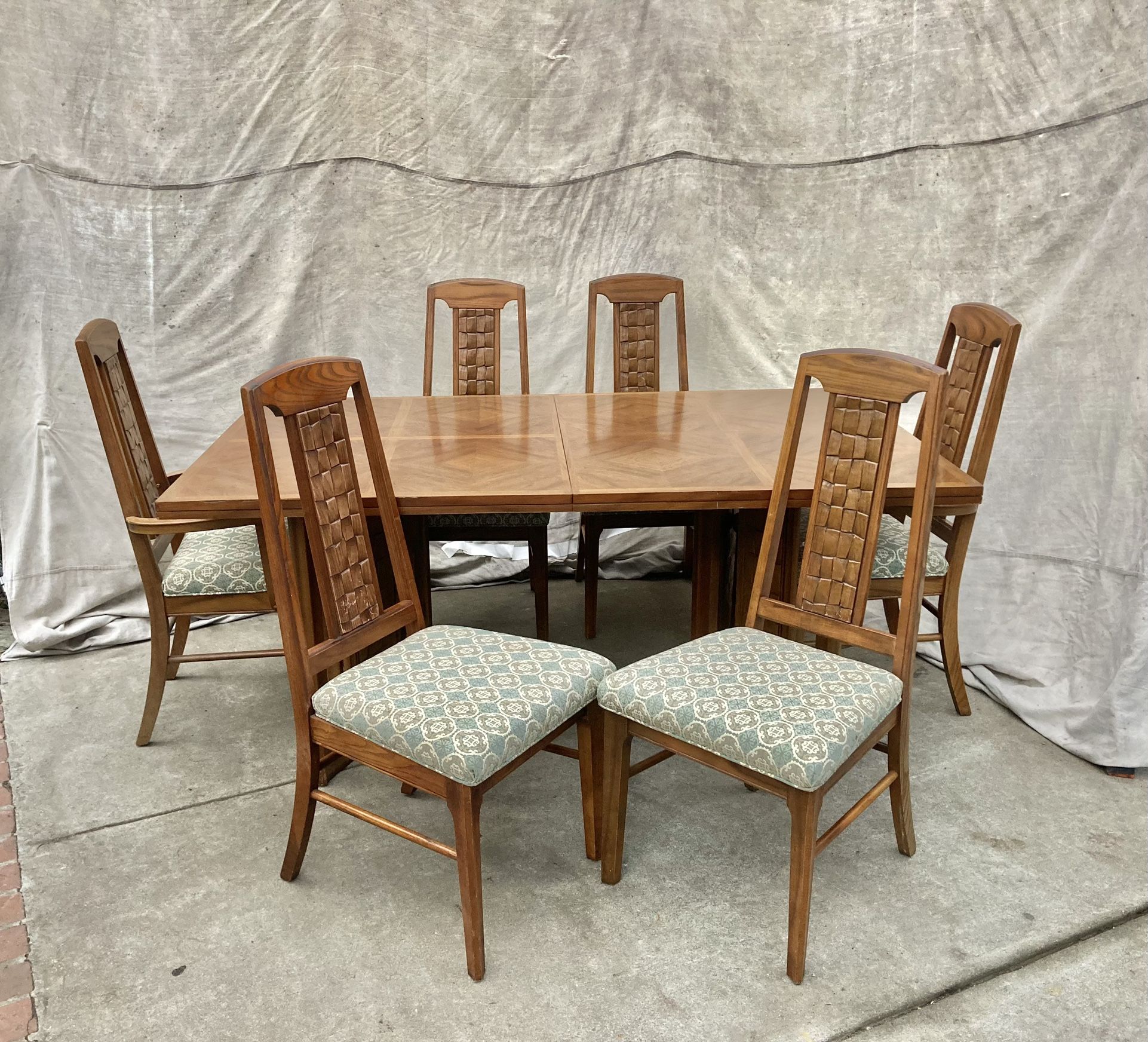 Mid Century Modern Brutalist Parquet Pedestal Dining Table Set by Stanley TEAK MCM