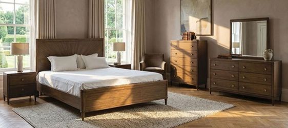 Brand New Walnut Mid-Century Modern Style 4pc Queen Bedroom Set (Available in Eastern King)
