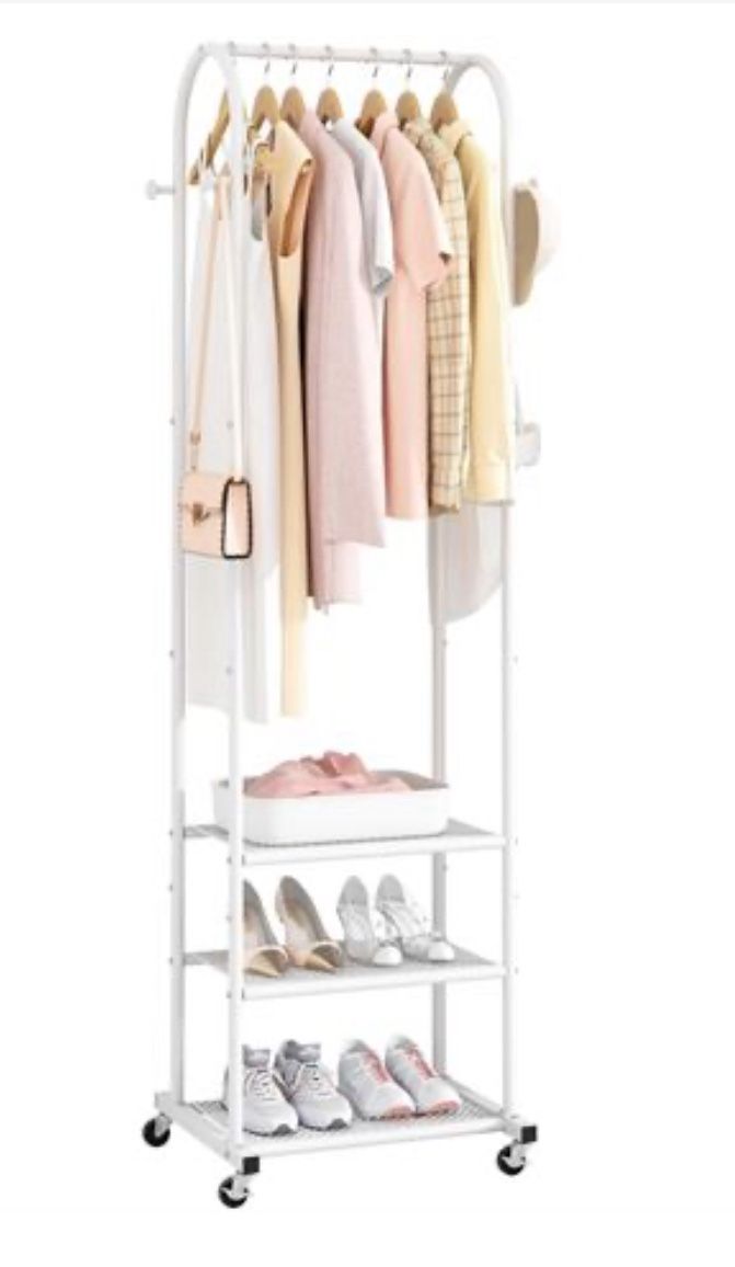 New In Box!!  Kaitiemoo Heavy Duty Clothes Rack With Wheels And 3 Metal Shelves (71.8”T X 18”W). Great For Smaller Spaces $25 (#623)