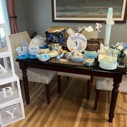 BOY Baby Shower, stork theme. Decorations. Blue. Flowers, decor, table cloths, pictures, games, diaper raffle, geese, welcome sign.