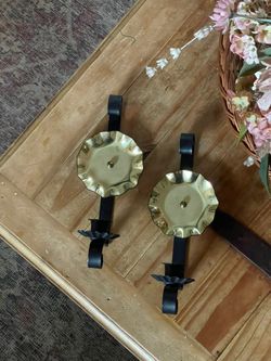 Vintage Cast Iron Brass Shield Wall Hanging Candle Holders