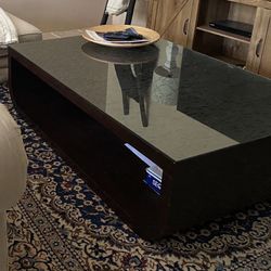 Large Wood Coffee Table - Custom Made With Carving And Glass Top