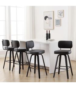 Swivel Bar Height Stools, Upholstered Faux Leather Barstools with Back, 26" Seat Height Tall Bar Stools for Kitchen Counter, Black Wood Frame, Black