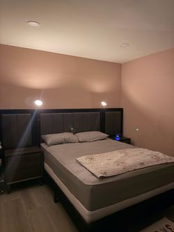 Queen Bed Frame with Extended Headboard and Built-in Lights