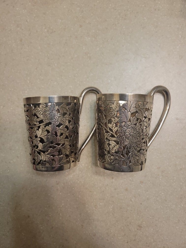 Vintage Sterling Silver Tea Cup Glass Holders.  Weight Is 166.5 Grams
