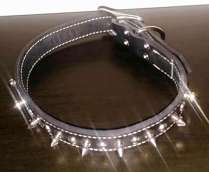 NEW BLACK LEATHER STUDDED SPIKED SILVER METAL CHROME PET DOG COLLAR PUPPY PET LEASH NEW W/O TAG 22"