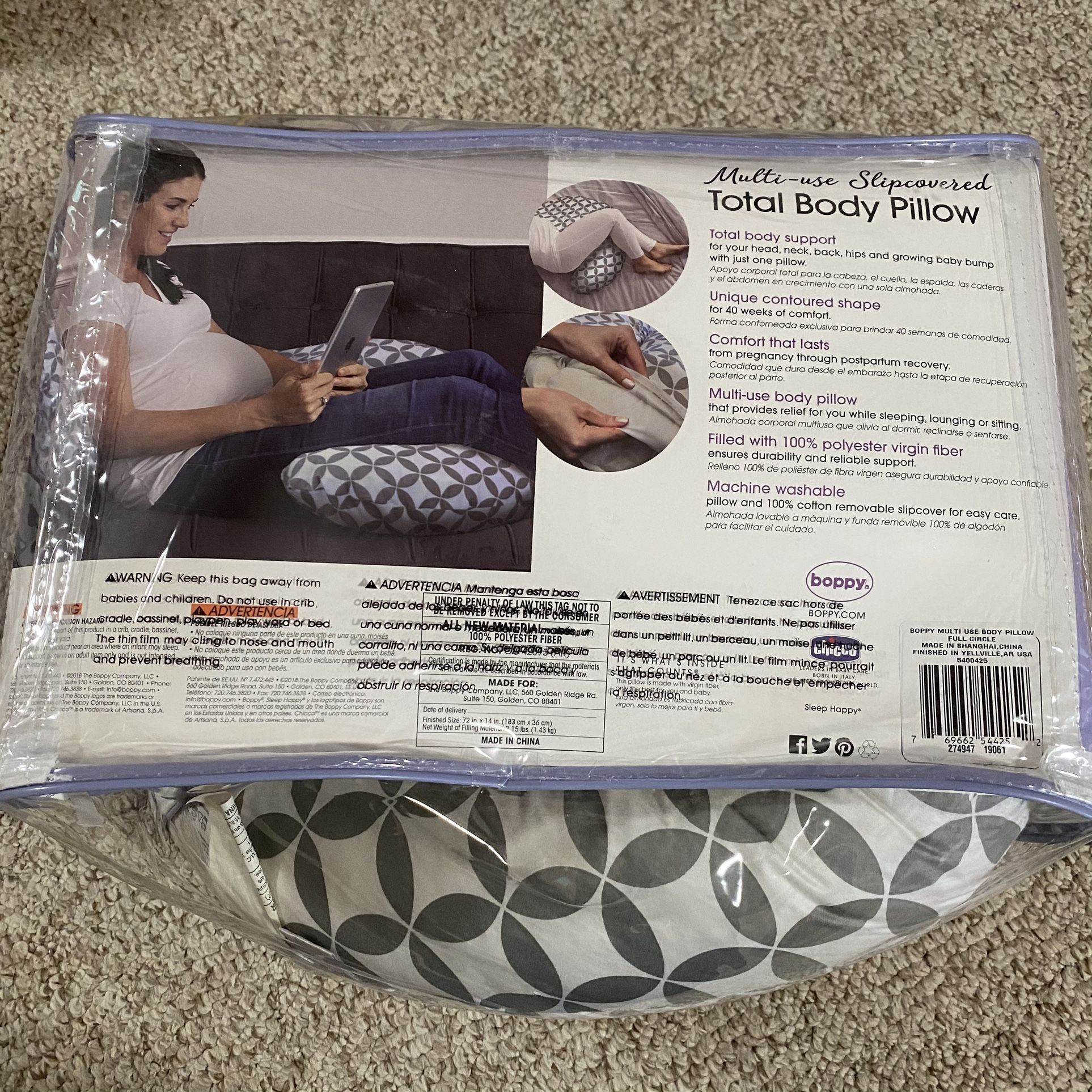 Boppy Multi-Use Slipcovered Total Body Pillow, Ring Toss Gray