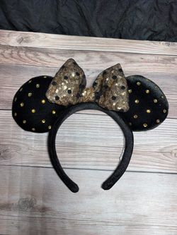 Disney Parks Black Jeweled Studded Gold Minnie Mouse Ears Headband
