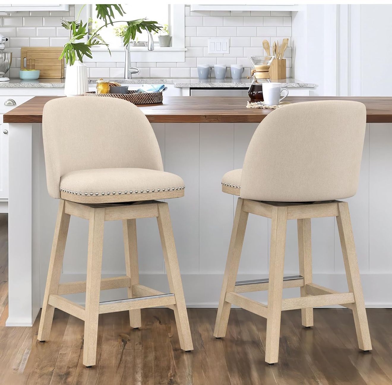 swivel bar stools set of 2, 26" Performance Fabric Upholstered Counter Height Bar Stools with Back, Solid Wood Legs with footrest, Retro nailhead trim