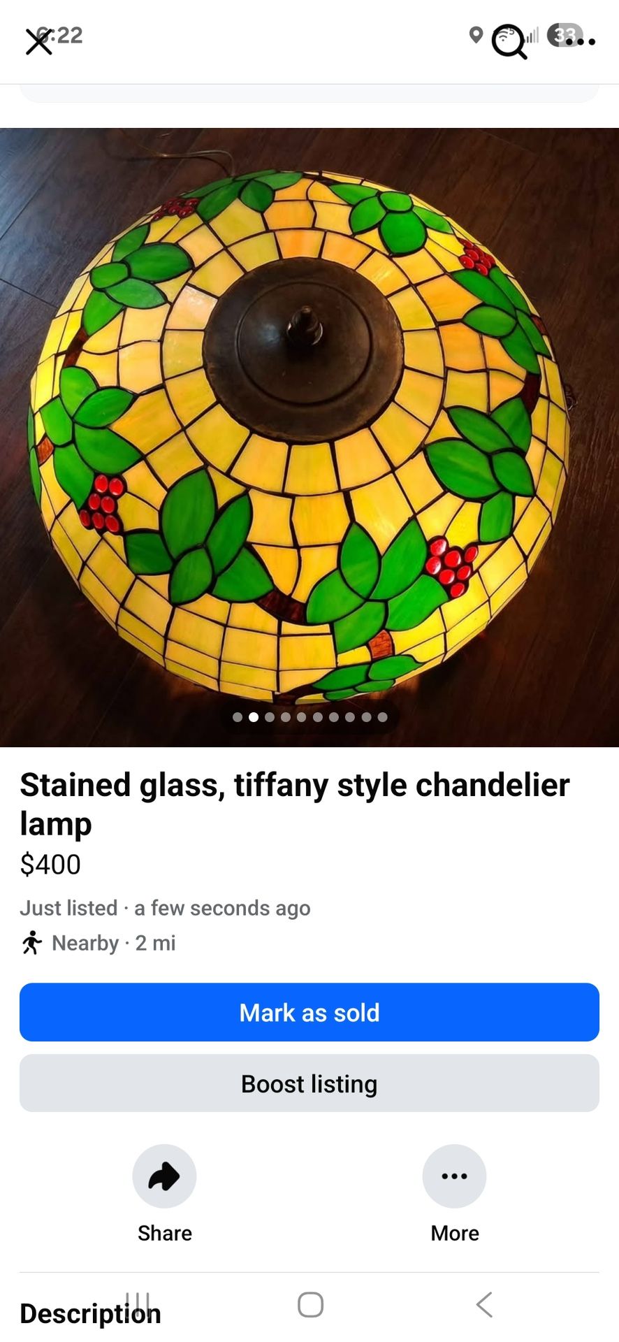 Vintage Tiffany Style Stained Glass Hanging Lamp
