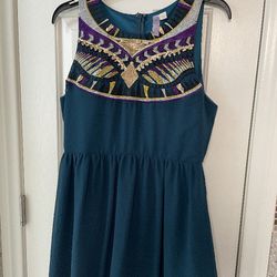 Peacock Blue Embroidered Sleeves Dress