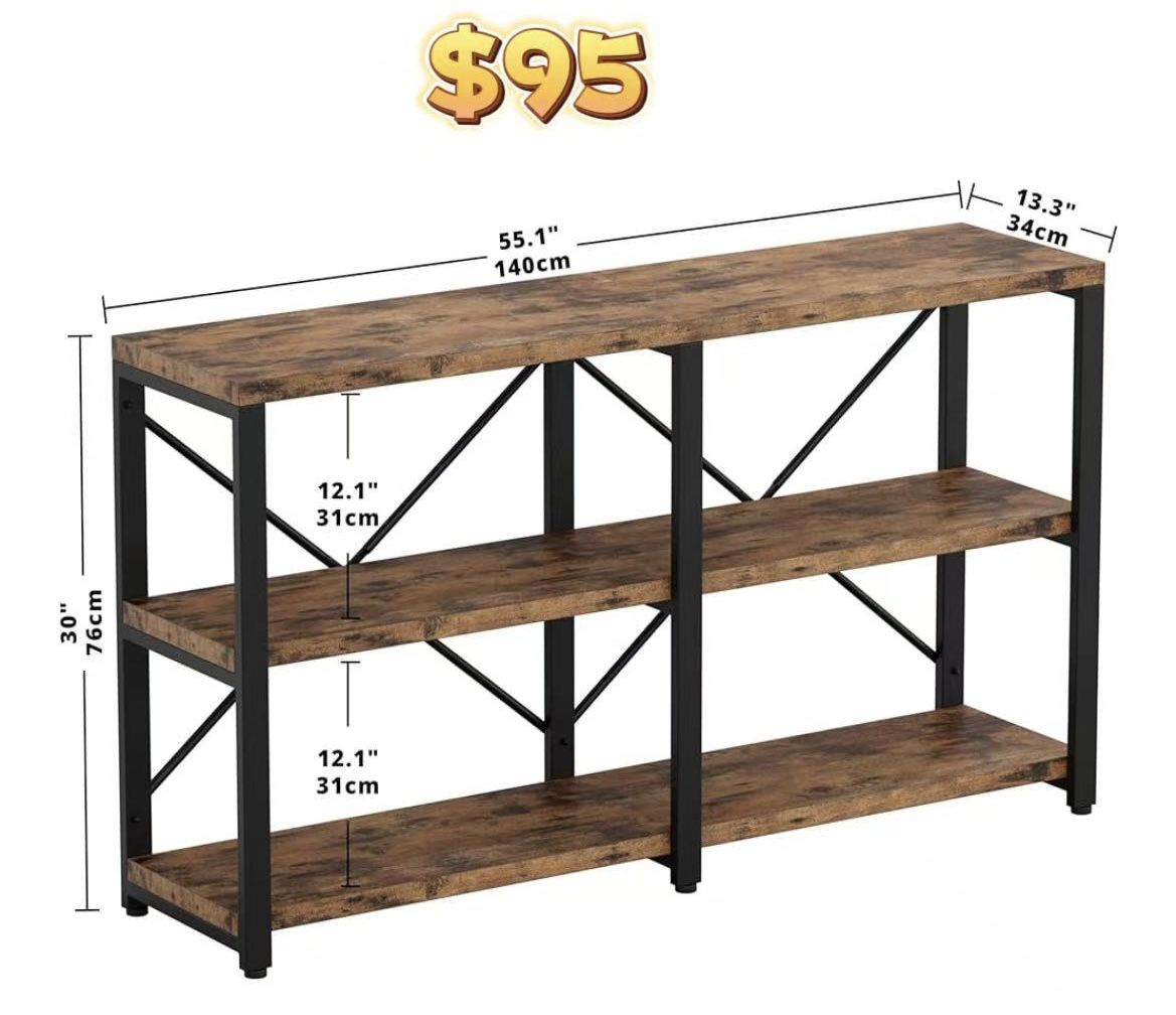 😀 Rustic Entryway Console Table, Long Hallway Table 55 in 3-Tier, TV Stand Entertainment Center Media Stand for Living Room, Industrial Style,