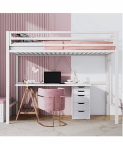 White Twin Loft Bed with Twin Mattress