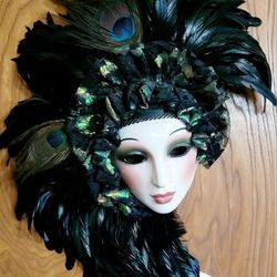 Vintage Clay Art San Francisco SF USA  Black Green Peacock Feathered Mardi Gras Mask