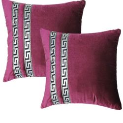 Set of 2 Velvet Throw Pillow Cover Cushion Covers Pillowcase with Greek Key Stripes for Sofa Couch Bed Chair, 18x18 Inch Red