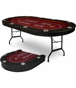 Upgrade 91'' Foldable Poker Table for 10 Players - Large Casino Table with Stainless Steel Cup Holders & Padded Rails - Texas Holdem Board Game Table 