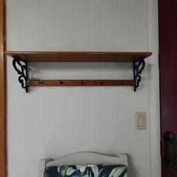Hanging Oak WOOD Shelf With 5 Hooks